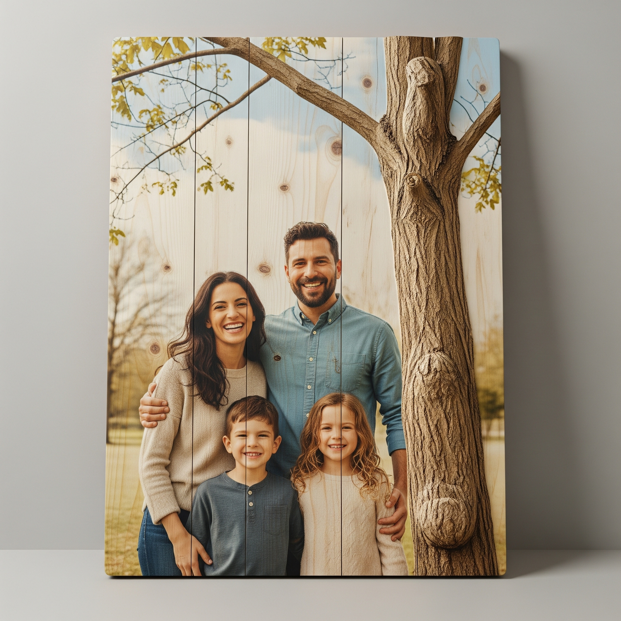 Familie foto geprint op hout - voorbeeld van UV-printtechnologie op natuurlijk hout